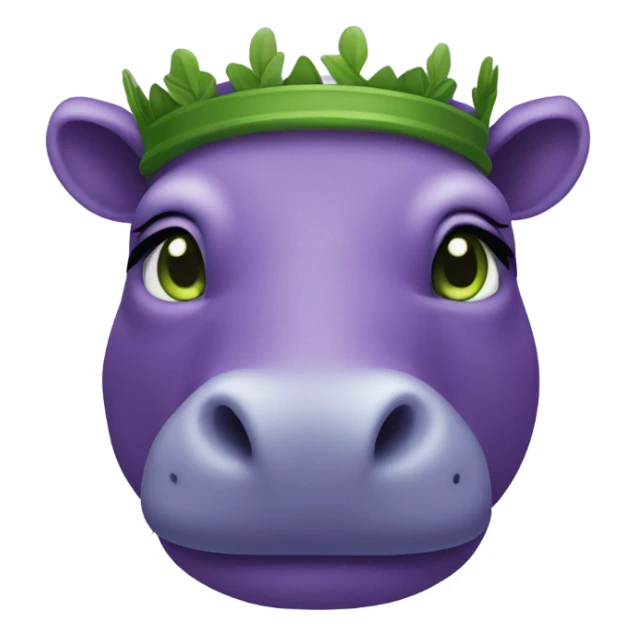 A purple hippo with green eyes and a laurel wreath sticker