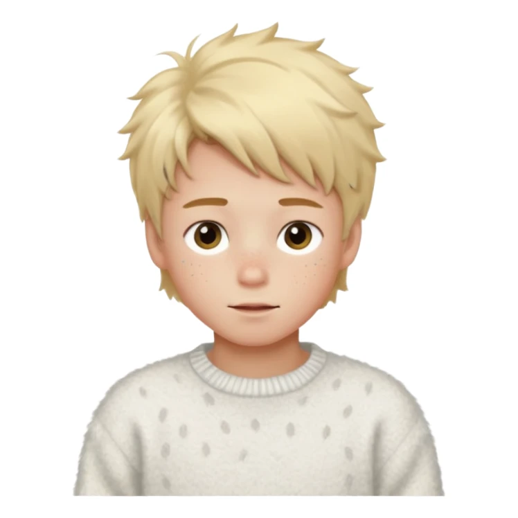 create-a-look-for-a-blond-boy-with-long-tousled-hair-light-eyes-a-white-sweat + fluffy white sweater + styled hair blonde with hair to the side cute + cute face with freckles  medium hair fluffy to the side no long hair cute hair sticker
