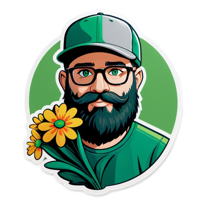 A bold man with a grey baseball cap, green eyes, big beard and glasses, holding a bouquet of flowers  sticker