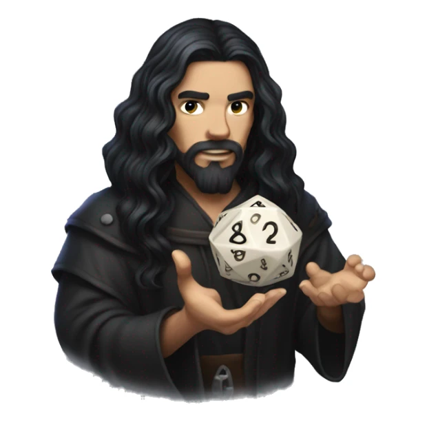 Long dark hair dungeon master holding a D20 dice sticker