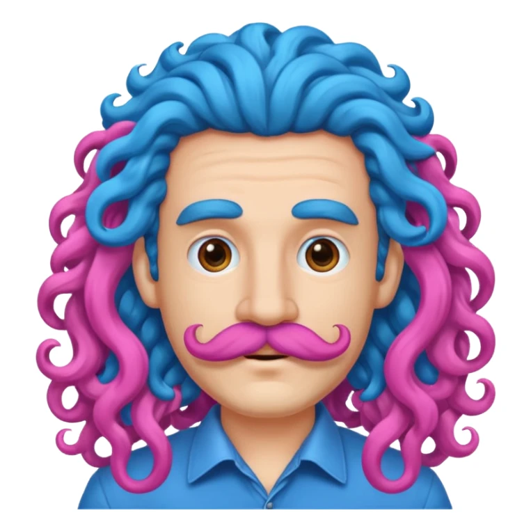man with very curly long blue hair pink big mustache  sticker