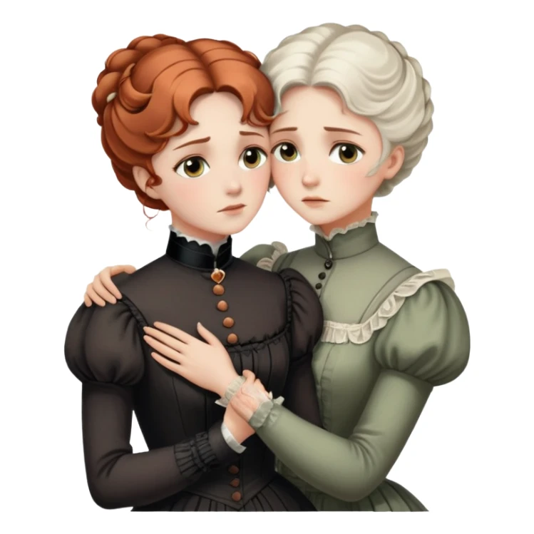 Two Victorian women with light eyes in a sad intimate hug, one with white coiffed hair and one with copper coiffed hair, wearing Victorian high-neck dresses, embracing tightly sticker