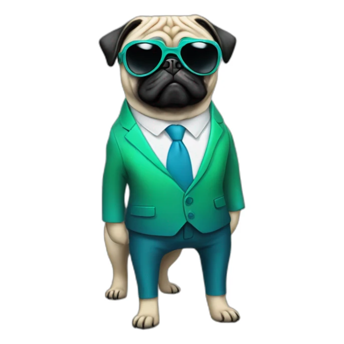 dog pug-in-gradient-green-blue-suit-with-and-black-sunglasses-standing-with-black-shoes sticker