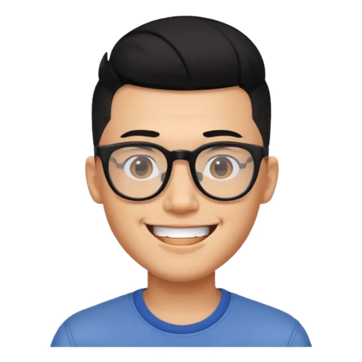 Asian guy with black hair undercut, shaved sides, square glasses, big smile, trendy and young sticker