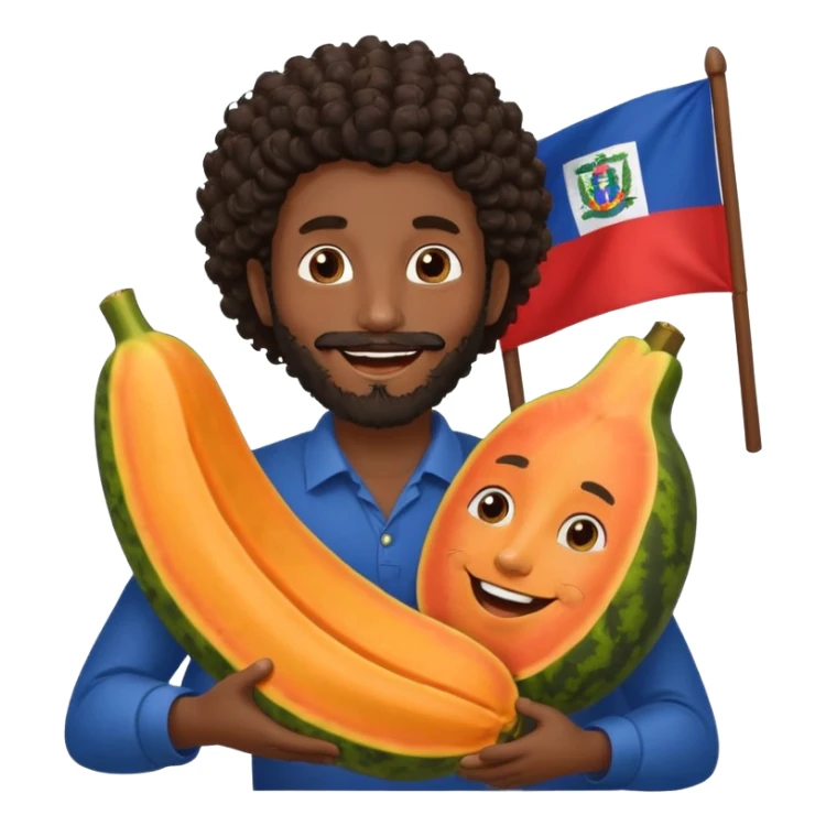 A very happy papaya hugging a medium dark skinned man with dark curly hair with a beard and Dominican flag behind them sticker