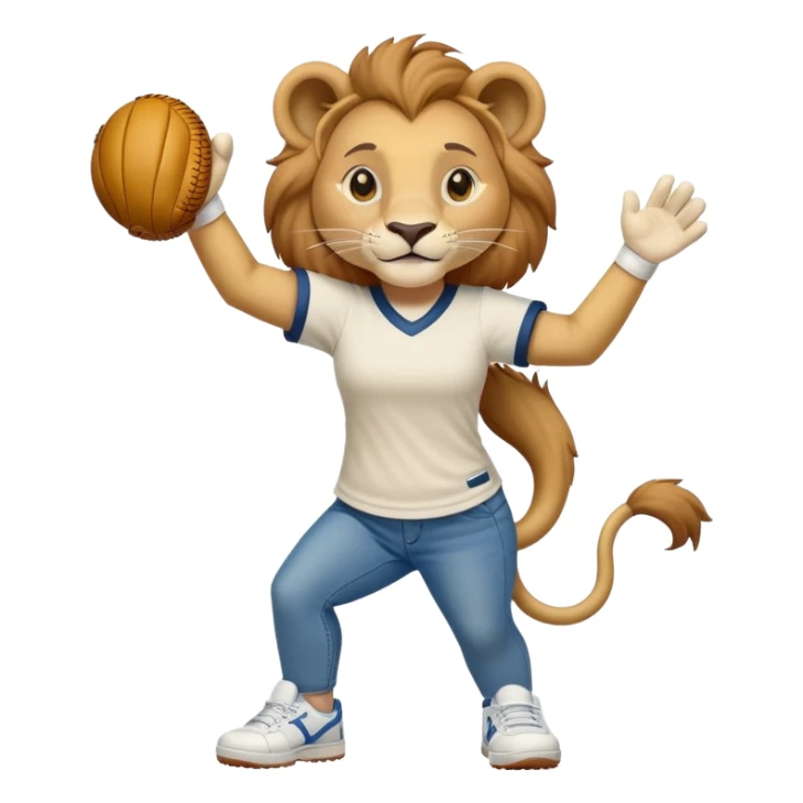 friendly anthropomorphised female lion wearing a baseball shirt, jeans, and trainers, lifting something up sticker