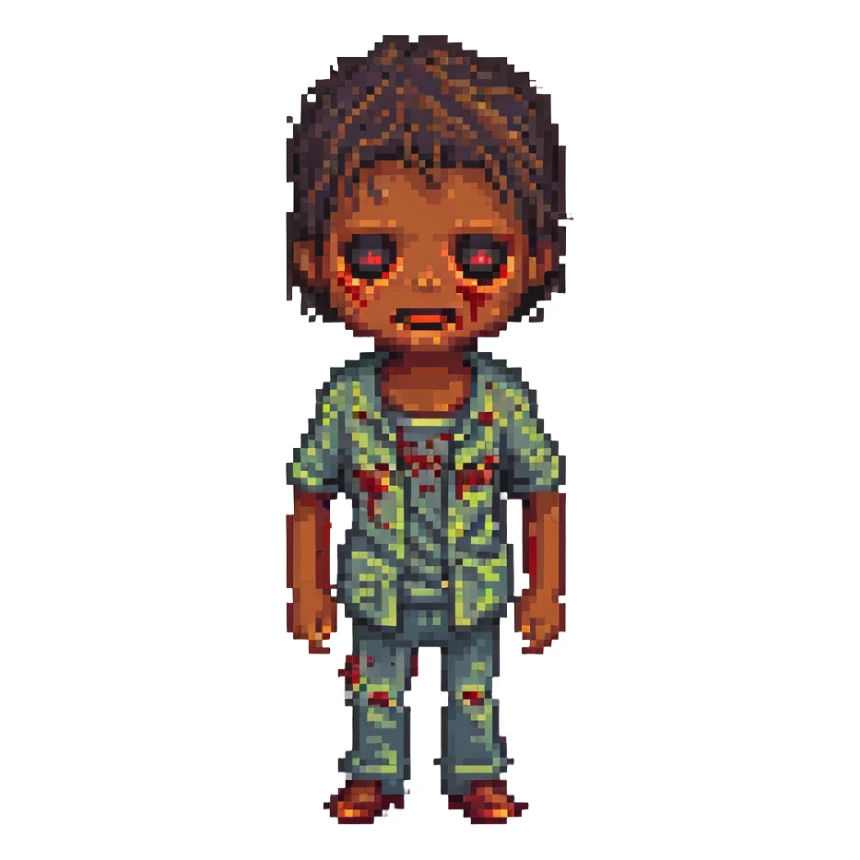 brown-skinned boy with red eyes, zombie face, pixel art style sticker
