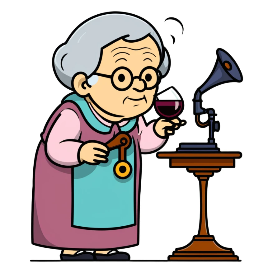 old lady with wineglass listening to gramophone sticker