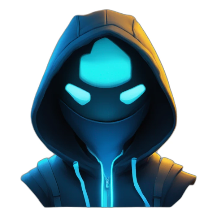 developer behind his laptop with this style : Riot Games Valorant neon glowing bright blue character blue black hooded hacker themed character sticker
