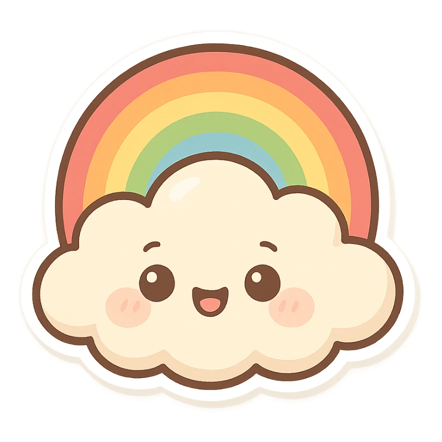 chibi sticker-style cloud with a rainbow, cute and exaggerated sticker