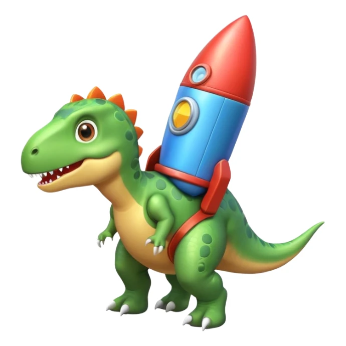 cute toy-like rocket-propelled dinosaur, rounded shapes, glossy texture, colorful rocket backpack, happy expression, 3D cartoon, mobile game icon style, clean background, no text, no watermark
 sticker