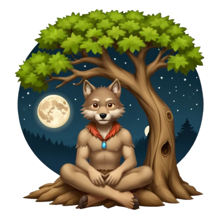 A wolf man sitting under a tree in the nighttime with the fullmoon sticker