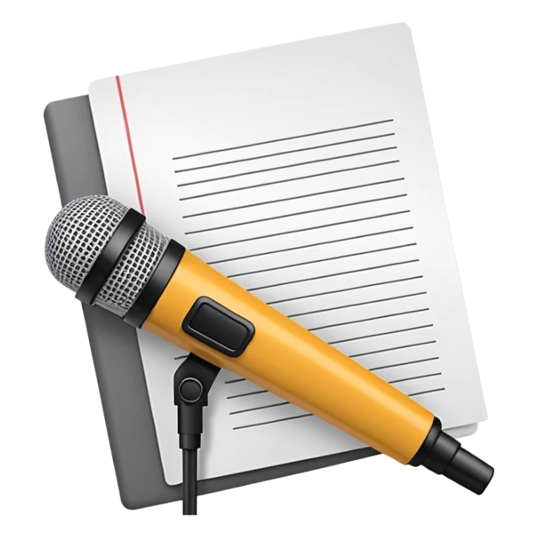 minimalist, flat iconography design; suitable to be used as an emoji/reaction in chat: a document with a folded corner and horizontal lines, outlined in a brick pattern. At the top center of the document is an icon indicating ai. In front of the document a microphone icon sticker