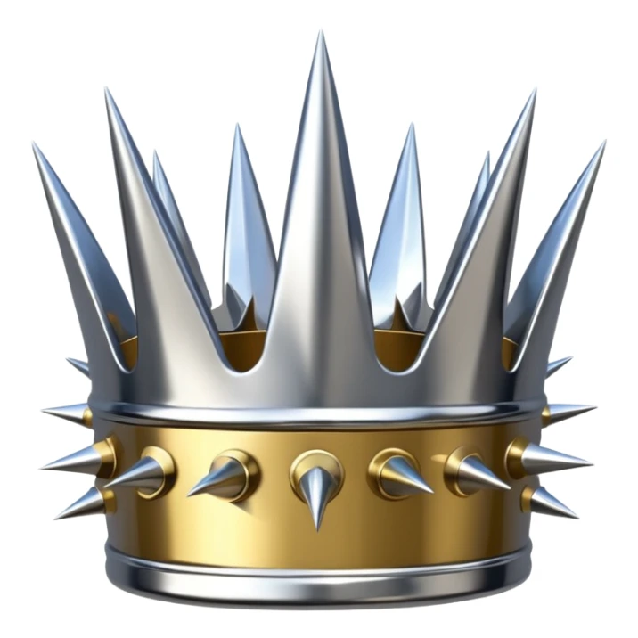 A spiked crown emoji made of silver chrome, sharp yet rounded metallic spikes, glossy reflections, aggressive luxury swag aesthetic, iOS emoji style, centered, clean white background sticker