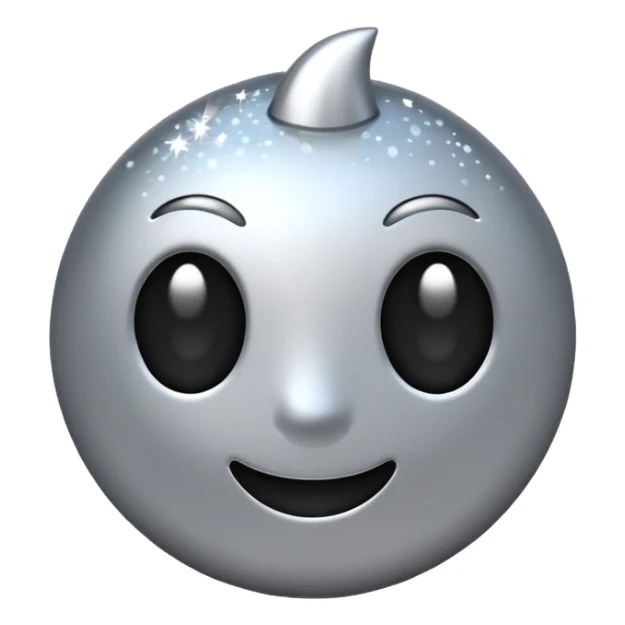 Silver chrome sparkle emoji, iOS emoji style, minimal shape, glossy metallic shine, clean background, smooth lighting sticker