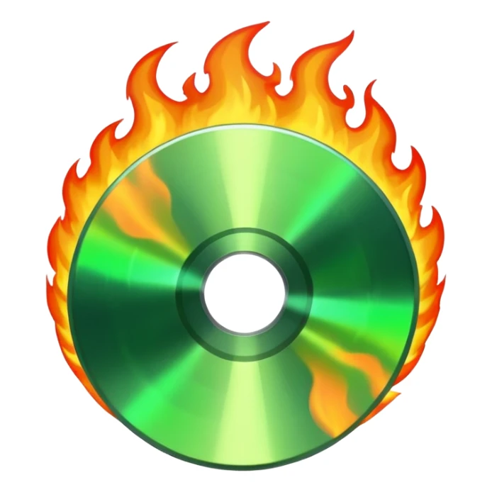 A CD disc with a fiery design, green fire sticker
