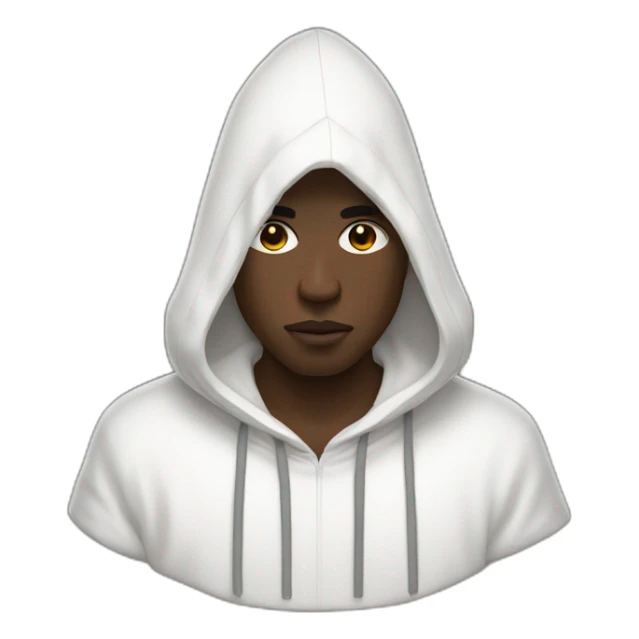 A black man wearing a white hood adorned with short white wool threads sticker