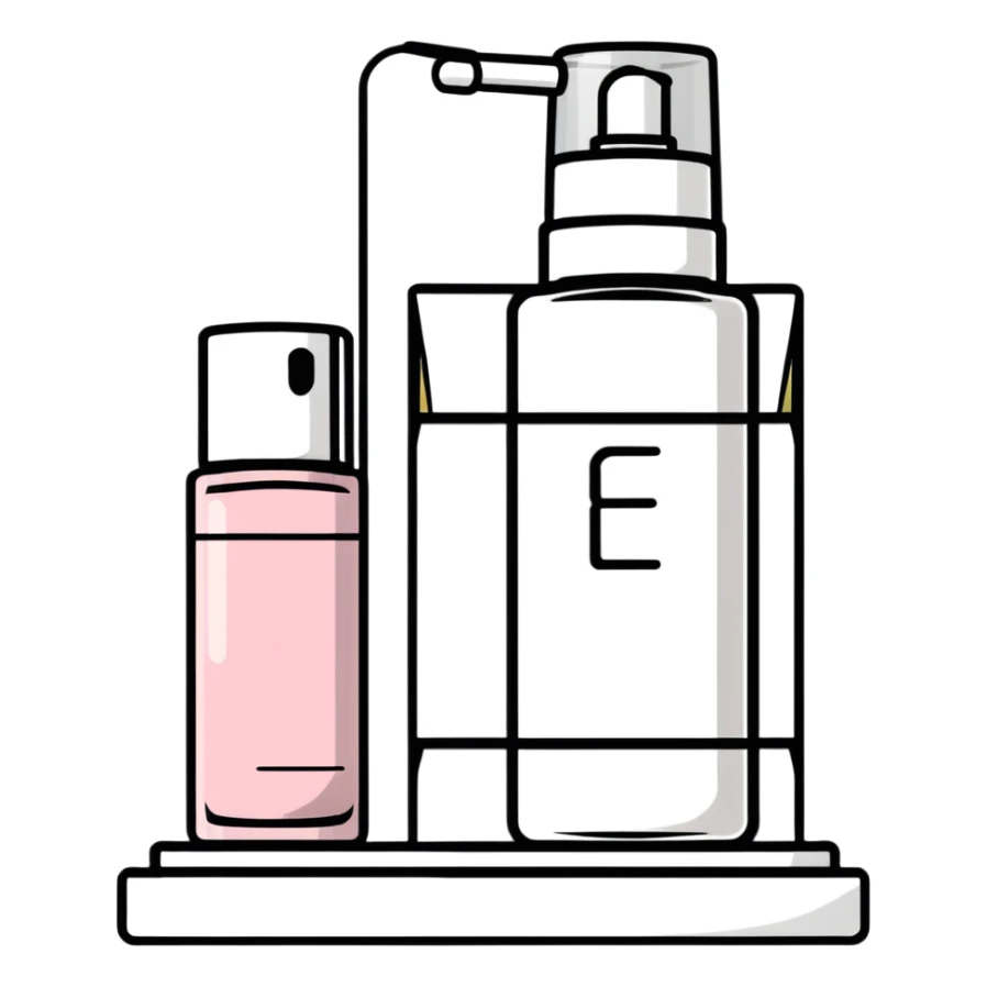 big long white shelf with one serum bottle labeled beauty brand and big sticky note next to it sticker