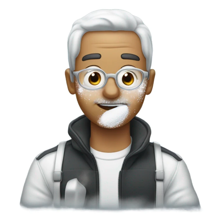 Man with a little powder sugar specs on his nose sniffing powdered sugar on a spoon.  sticker