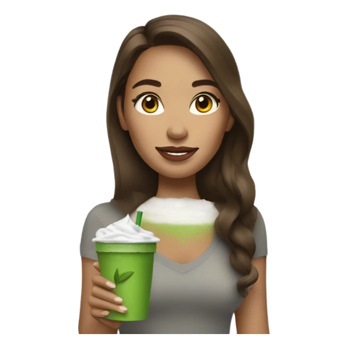 Woman with long brown hair drinking iced matcha wearing AirPods  sticker