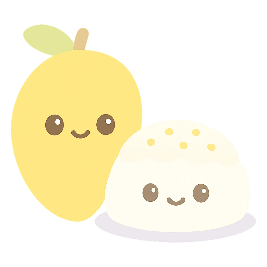 mango sticky rice, kawaii, smiling, no text sticker
