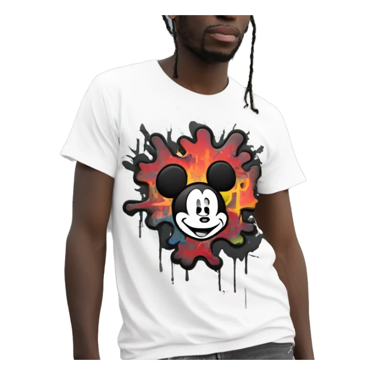 white t-shirt with Mickey's head in hand-drawn line and graffiti style  sticker