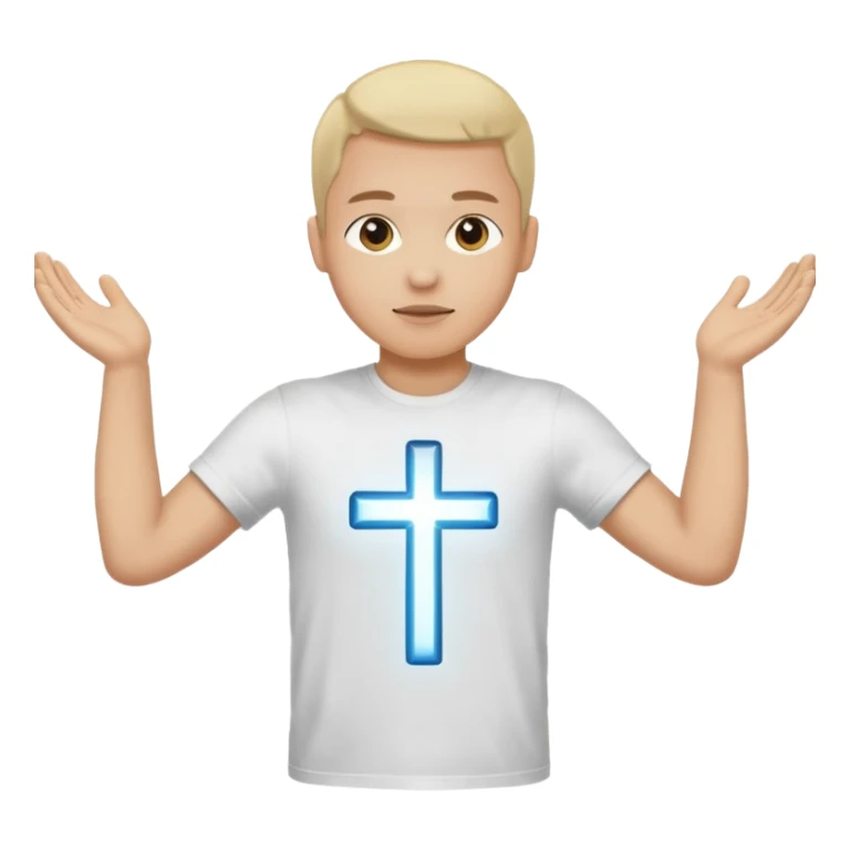 A person with the arms opened and extended forming a cross with their arms and body with t-shirt sticker