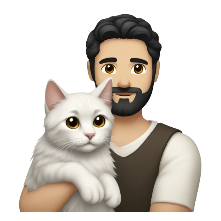 A guy with a black earing and black short hair and black beard and holding a all white Siberian cat sticker