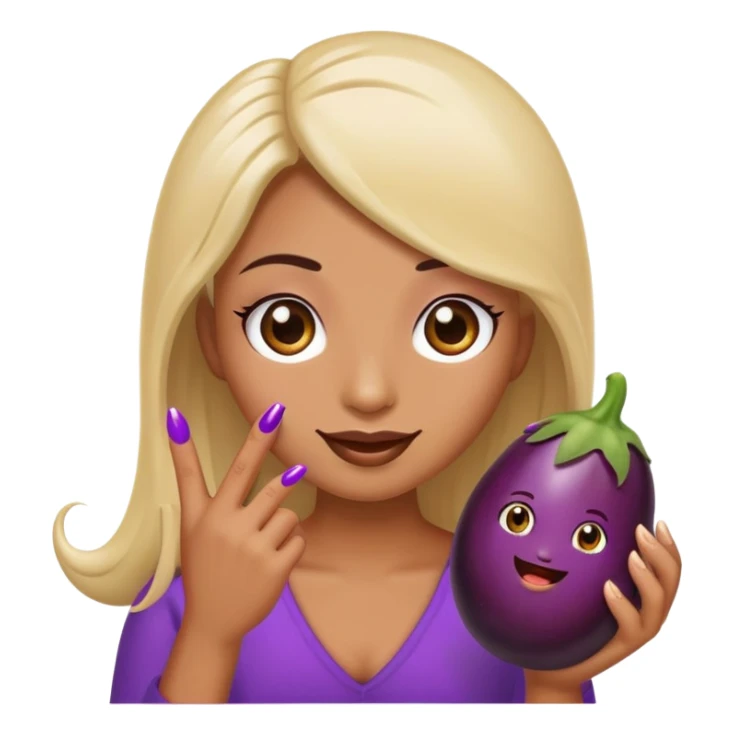 Emoji with long eyelashes and long fingernails holding an eggplant  sticker
