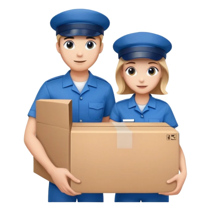 two suppliers in blue uniforms and caps holding a big box together, different pose sticker