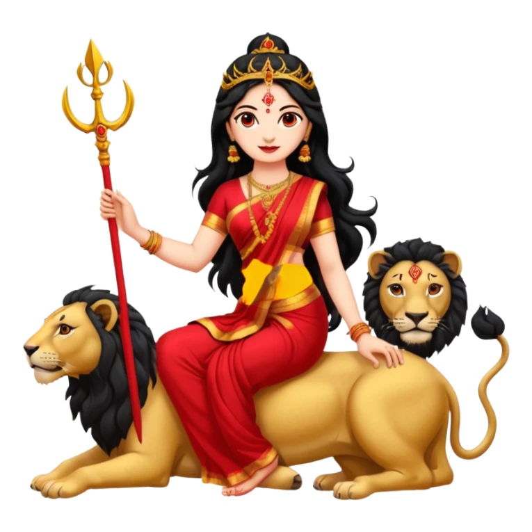 maa durga, long black hair, sitting on lion, holding trident, big bindi sticker