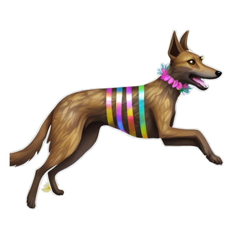  brindle brown black maroon striped lurcher Alsatian fox running blue eyes and iridescent holographic oilslick harness wearing paper iridescent tropical flower crown yellow caution tape sticker