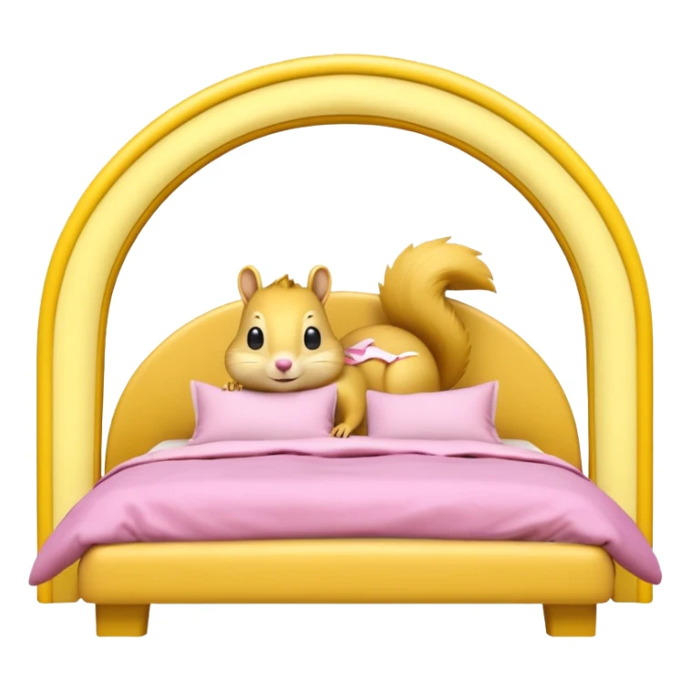 The features a bed themed as a large, cheerful, yellow squirrel. The squirrel's head forms an archway over the bed, with large black eyes, a small pink nose, and prominent white cheeks. The bed frame and arch are bright yellow with integrated yellow LED lighting running along the curves.  sticker