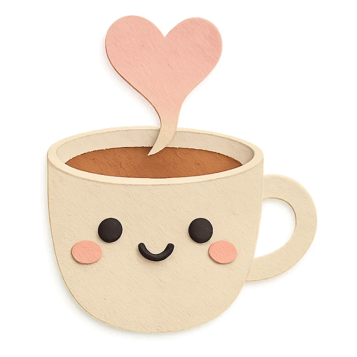 kawaii coffee cup with heart-shaped steam, soft pastel gradient background sticker