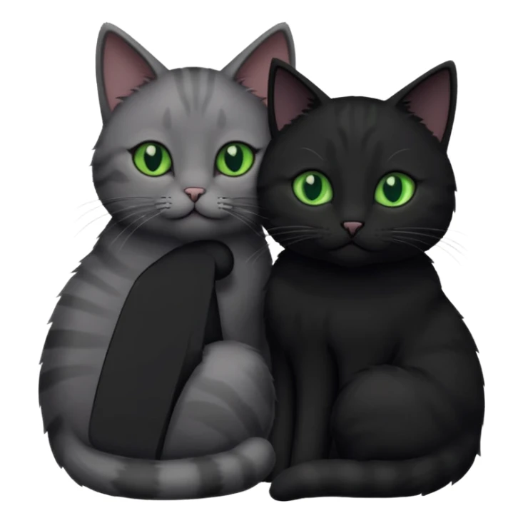 1 grey cat with green eyes and 1 black with green eyes cat cuddling sticker
