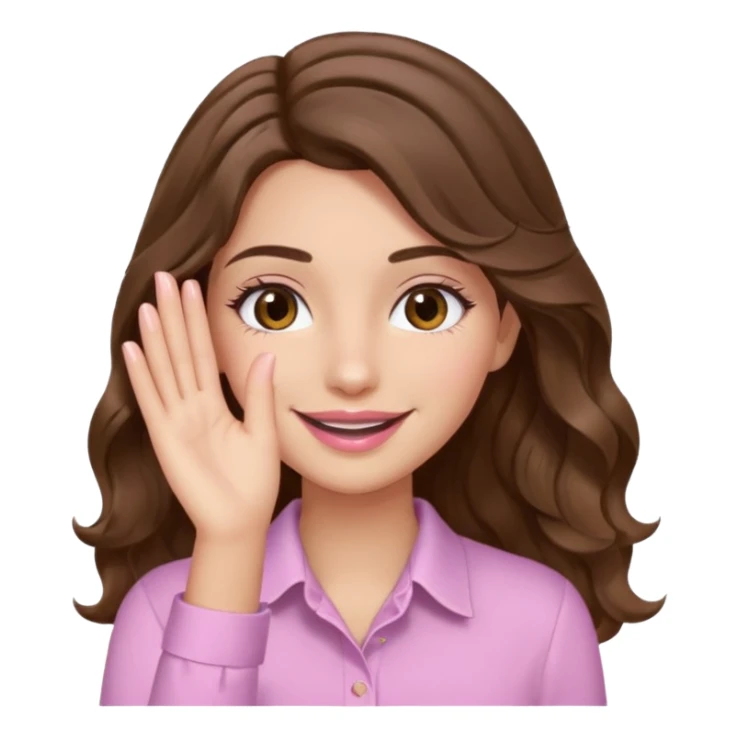 girl with wavy long brown hair, brown eyes, light to medium complexion, long lashes, light pink lipstick, wearing light pink shirt, smiling, hand covering eyes sticker