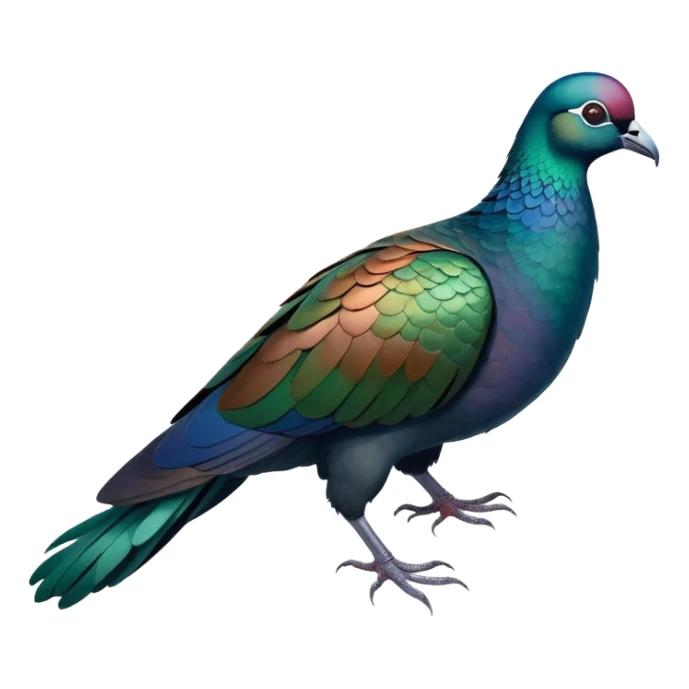 Nicobar pigeon with iridescent blue, green and copper-colored plumage, distinctive white tail sticker