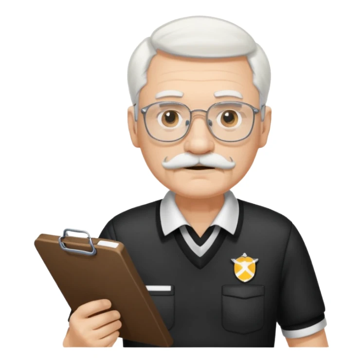 An old stern white hair and mustache, wear glasses referee with a clipboard, monitoring players closely. sticker