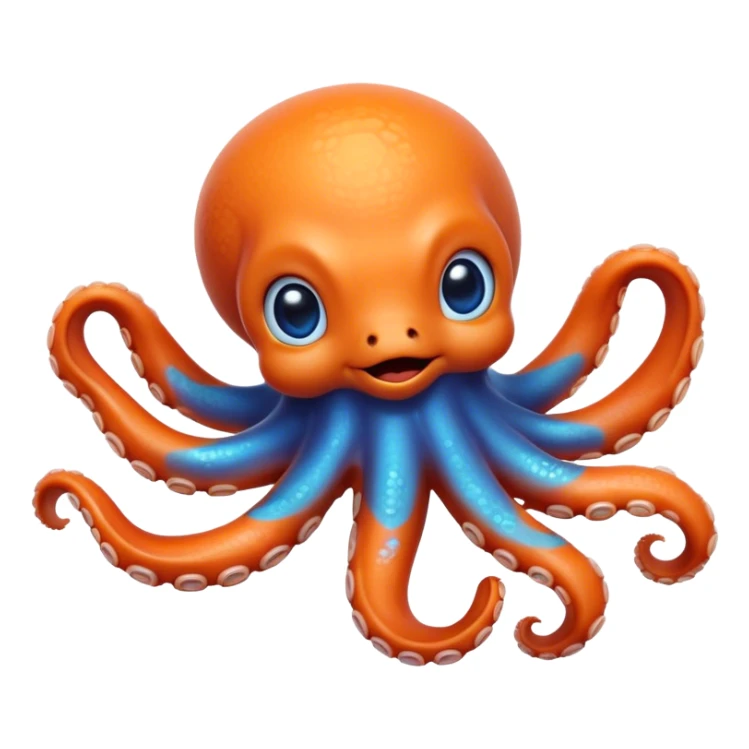 Cinematic Realistic Cute Octopus Portrait Emoji, Head tilted playfully and inquisitively, featuring a gracefully curving, compact body in vibrant orange adorned with delicate blue rings, and a charming, expressive face with round, sparkling eyes full of curious wonder; rendered with lifelike detail and soft natural highlights, high shine, affectionate and enchanting, styled with a touch of whimsical ocean magic, soft glowing outline, capturing the essence of a mischievous yet lovable octopus that seems poised to slither playfully into your arms! sticker