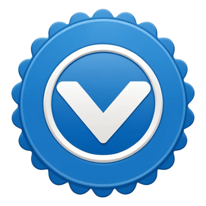 Flat blue verification badge emoji, scalloped circular shape, bold white checkmark in center, clean vector style, no text, no gradient, transparent background, emoji icon. sticker