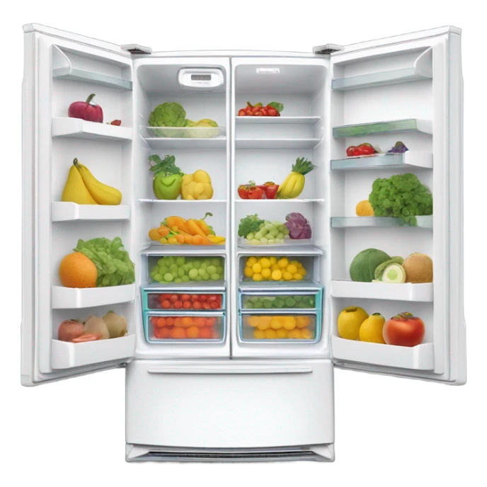 A white double door fridge with both doors open. Inside it has shelves with fruit and vegetables in organized containers  sticker
