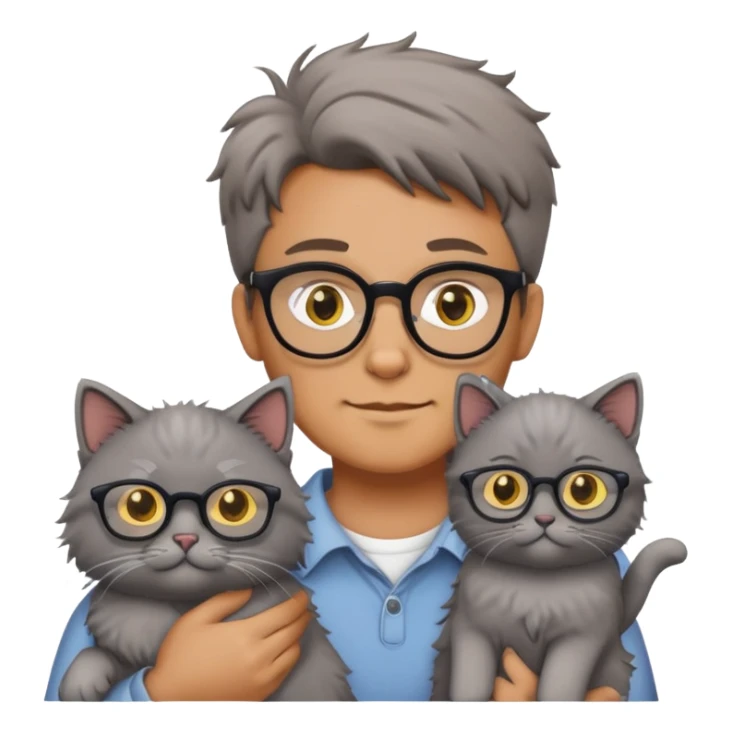 a tan-skinned man with glasses holding a gray fluffy cat with small yellow eyes sticker
