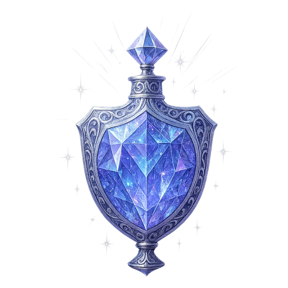 ultra luxurious crystal elixir bottle in shield shape, color #7986cb, multi-layered holographic and silver filigree, intricate crystal texture, magical glowing and sparkling effects, radiant light beams, very small neck, seamless ornate bottom, transparent background, bottle clearly floating in air, no base or shadow, modern, collection style, extremely beautiful and refined sticker