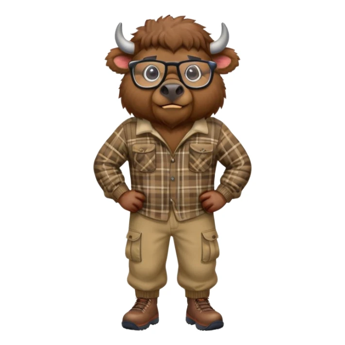 friendly anthropomorphised bison in cargo pants and plaid shirt, wearing glasses, jogging upright sticker