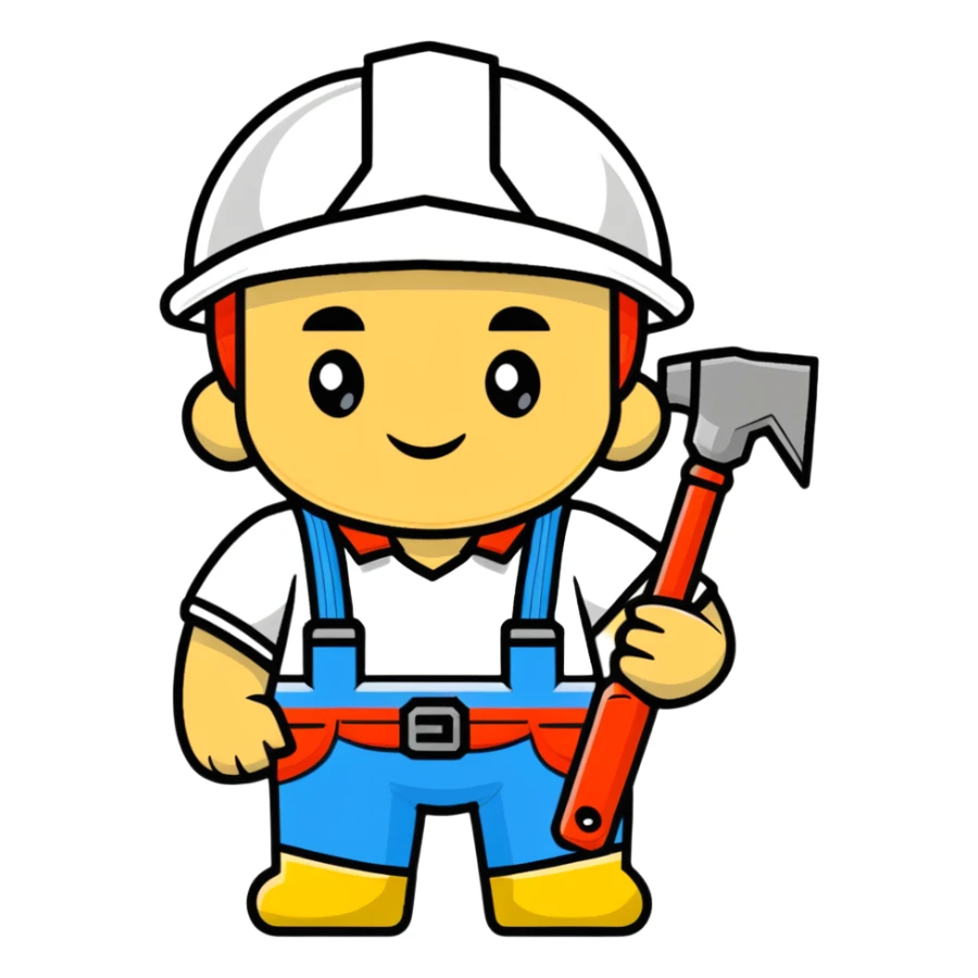 Ukrainian builder in traditional embroidered vyshyvanka shirt with construction helmet and tools sticker