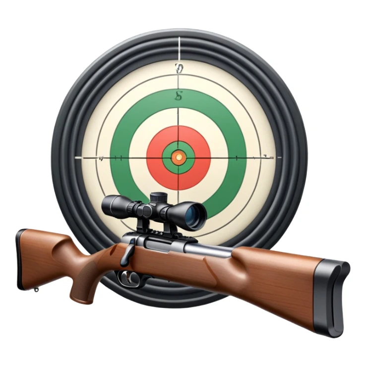 A detailed rifle with a scope, pointing towards a perfectly centered target with concentric rings. The scene highlights the precision and focus required in sports shooting, with no shooter in sight, just the rifle and target in a calm, focused setting. sticker