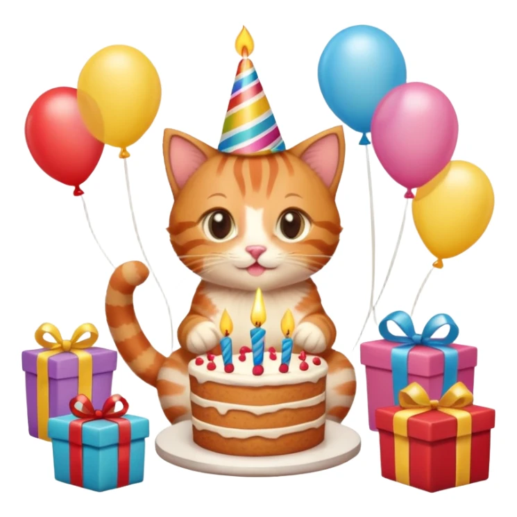 Ginger tabby kitten celebrates birthday, birthday hat, birthday cake, one candle, balloons, happy, gifts sticker