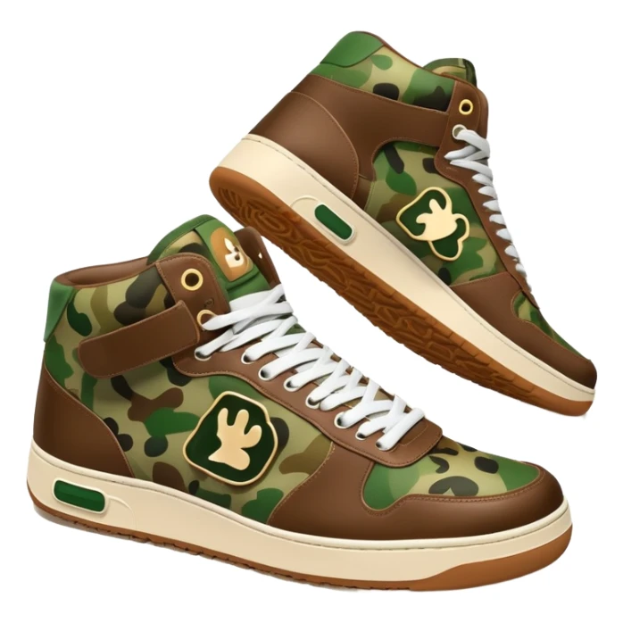 Bape sneaker with classic camo pattern in green and brown colors, high top sneaker with ape logo on the side sticker