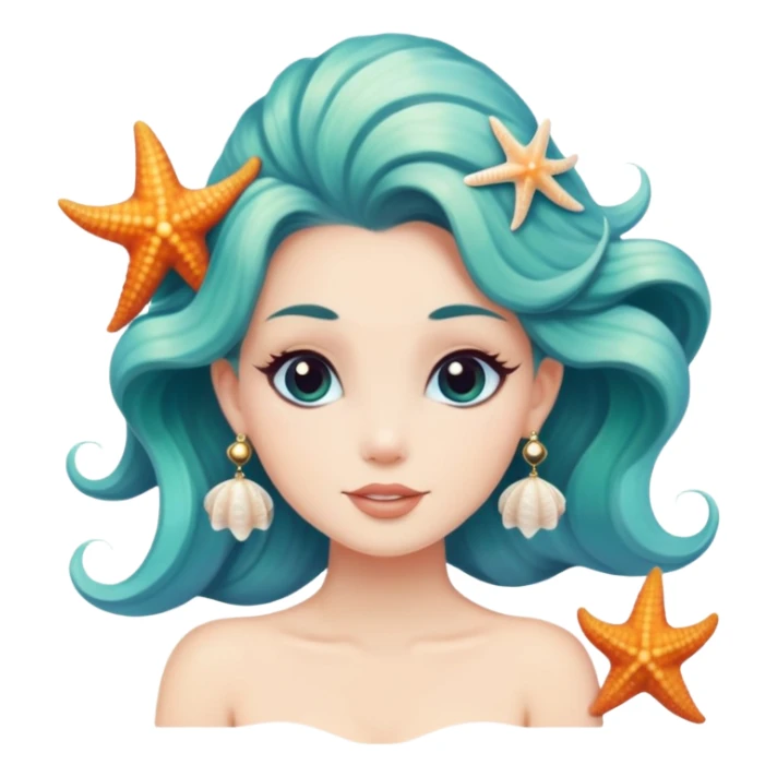 mermaid with seashells in hair, starfish earrings sticker