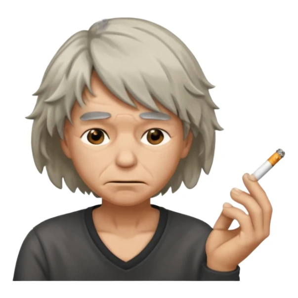 stressed emoji looking down shaking head wearing a disheveled wig with a cigarette in hand sticker